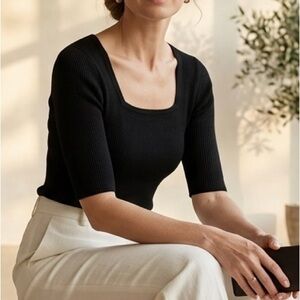 Premise Black Ribbed Square-Neck Short Sleeve Top
